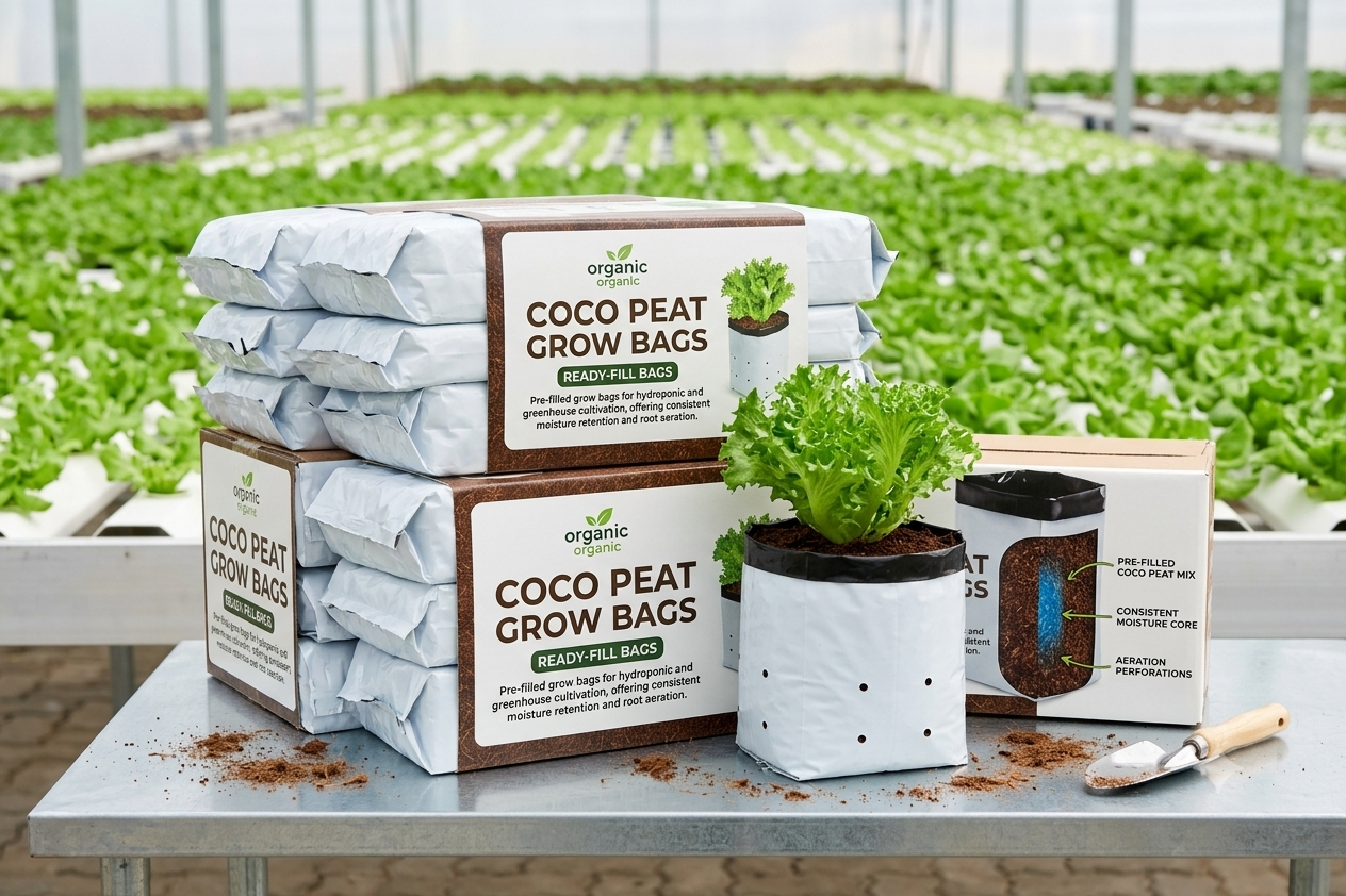 Coco peat grow bags in greenhouse